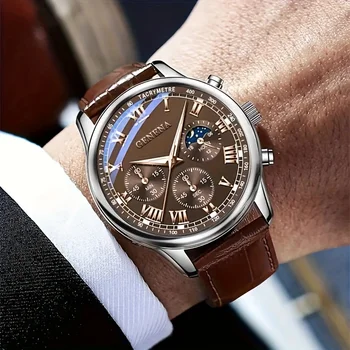 GENEVA High Quality Men's Luxury Belt Fashion Quartz Watch Men Round Business Student Sport Waterproof Glow Clock 3