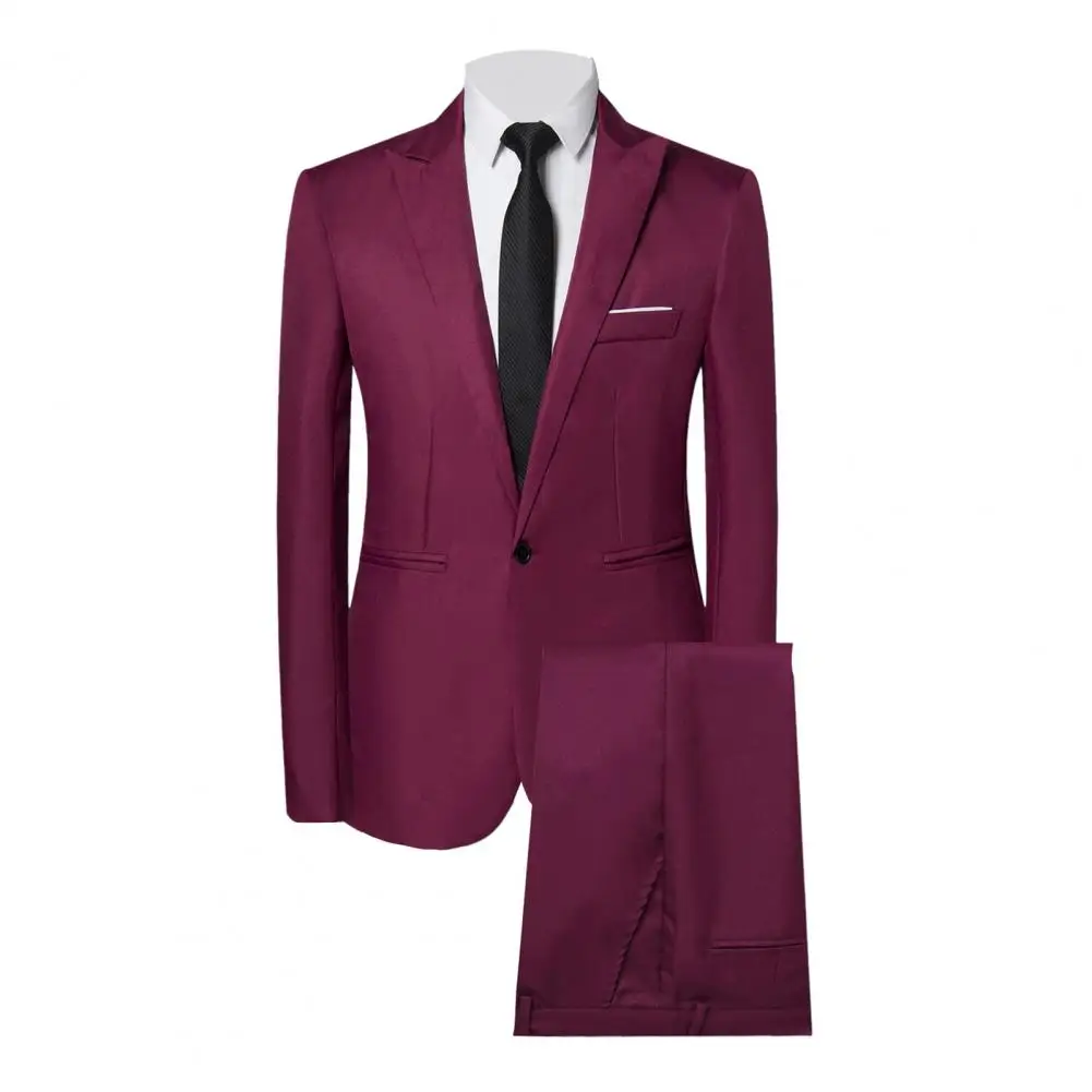 Men business outfit lapel long sleeve single breasted suit coat solid color suit pants set 2Pcs/Set slim fit workwear
