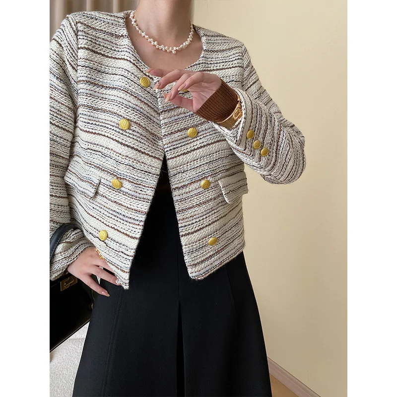 

Tweed Striped O Neck Women Coat Small Fragrance Double-row Metal Button Long Sleeve Korean Fashion Casual Autumn Jacket 1733