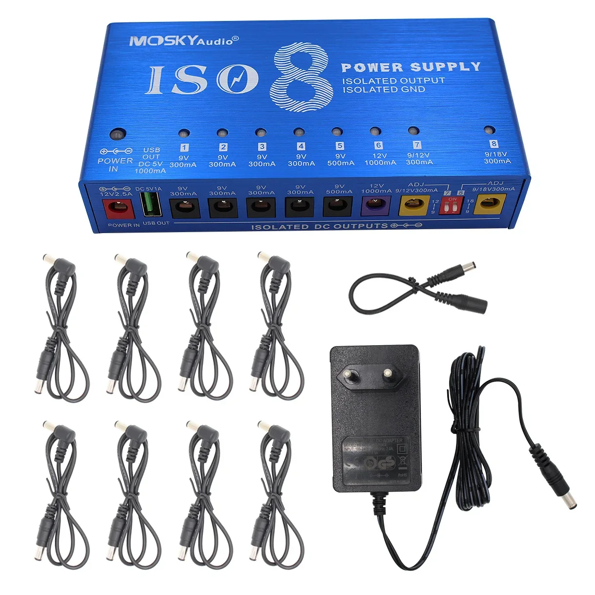 Mosky ISO-8 Guitar Effect Pedal Power Supply 8 Isolated DC Outputs/5V USB Output For 9V 12V 18V Guitar Pedal