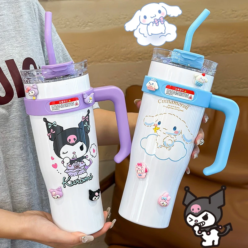 

1200 мл Sanrios Cinnamoroll Kuromi kawaii аниме Мультяшные кружки с ручкой с соломенными крышками из нержавеющей стали кофейные термо чашки подарки