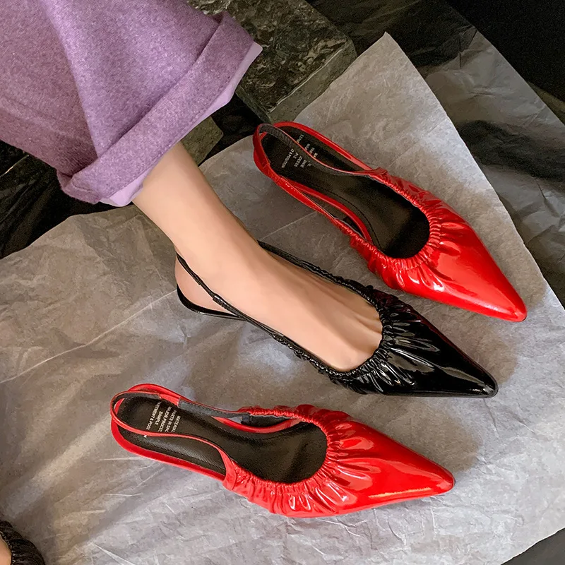 Baotou Mid Heel Back Air Sandals 2023 Spring New Pointed High Heels Women's Genuine Leather Slim Heels with Sexy Temperament