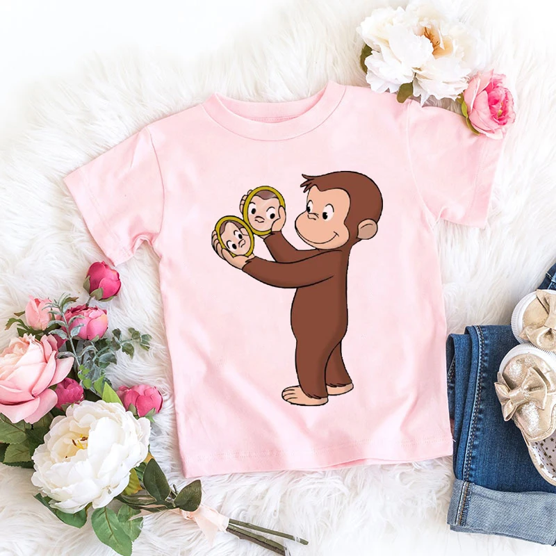 2024 Kawaii Curious George T-shirt Cartoon Graphic Print Monkey T Shirt Summer Tees Girls Tshirts Pink Short Sleeved Tops 3