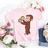 2024 Kawaii Curious George T-shirt Cartoon Graphic Print Monkey T Shirt Summer Tees Girls Tshirts Pink Short Sleeved Tops 3