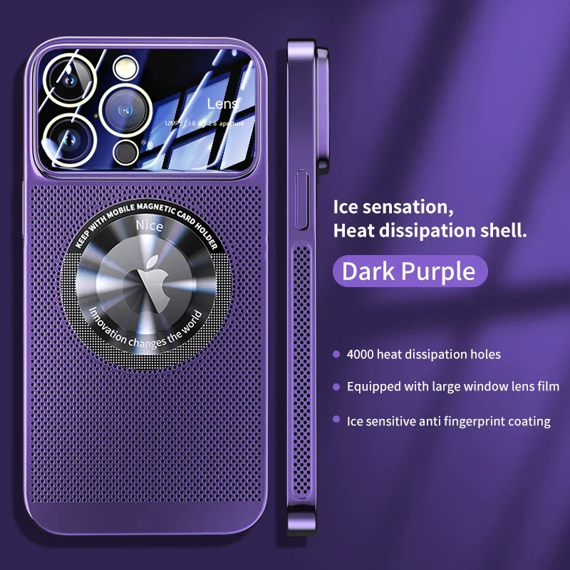 Plated Mesh Glass Lens Heat Dissipation Magnetic Phone Case with Enlarged Logo