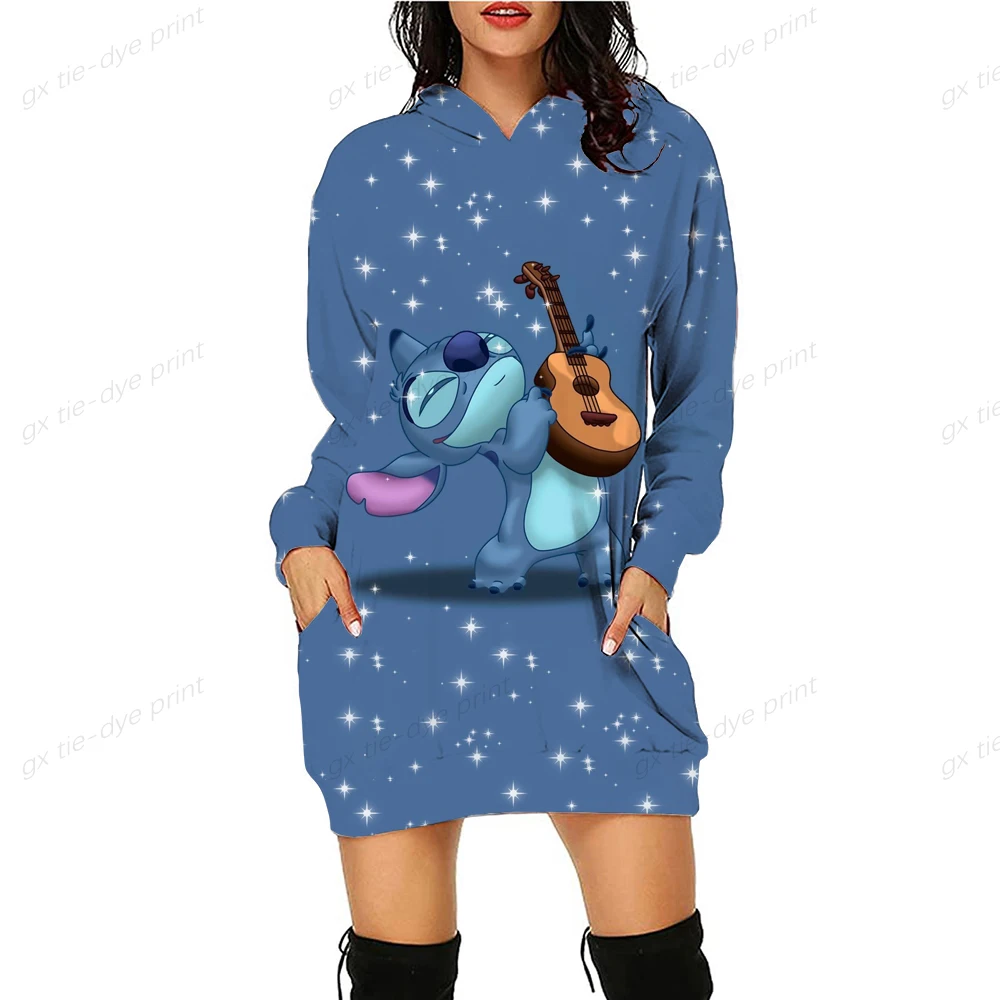 

Autumn Women's Disney Stitch 3D Print Loose Long Hoodie Dress Casual Hoodie Pullover Sweatshirt Hoodie