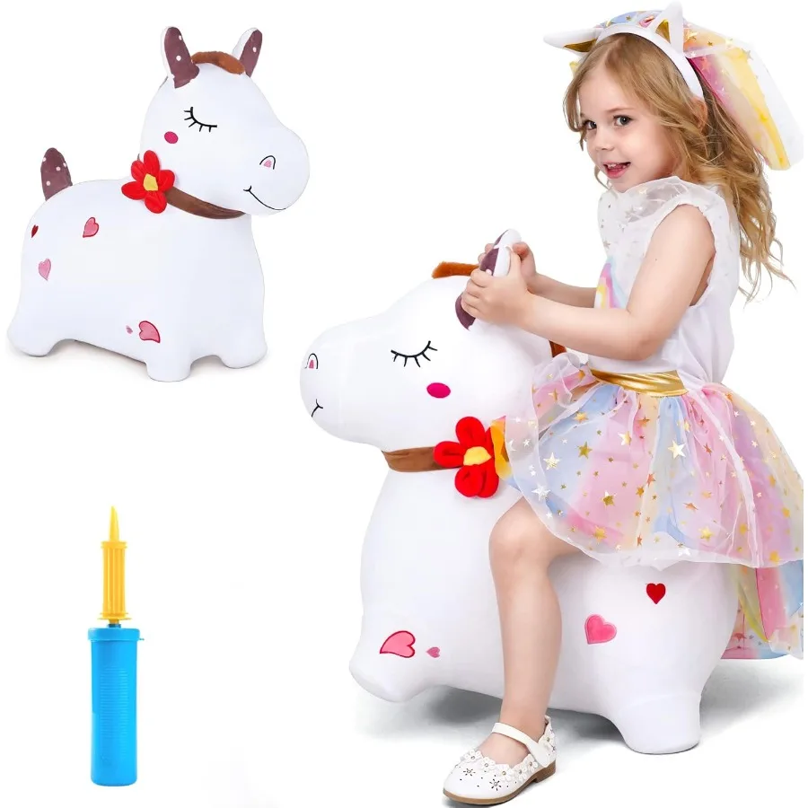 iPlay iLearn Bouncy Pals White Hopping Horse Inflatable Bouncing Animal Hopper Toy with Pump Plush Ride on Bouncer for Indoor O