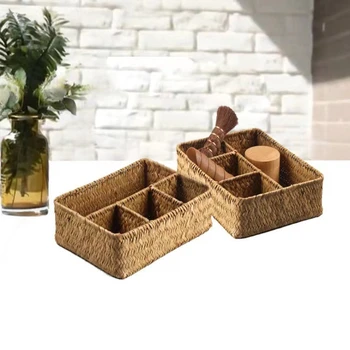 4 Grids Storage Basket Handmade Woven Willow Storage Basket For Clothes Cosmetic Stationery Hairpins Jewelry Accessories