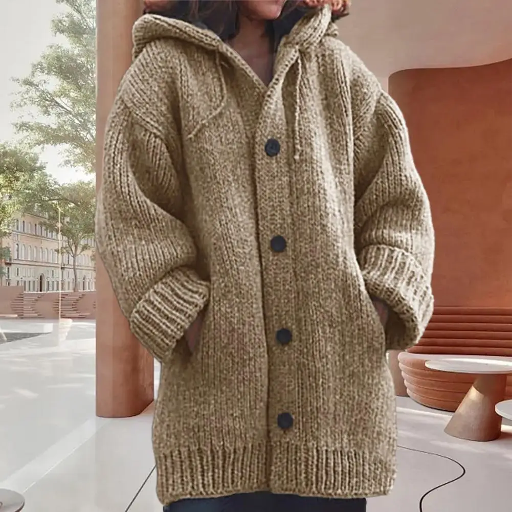 

Warm Sweater Coat Stylish Women's Knitted Hooded Cardigan Warm Single-breasted Sweater Coat for Fall Winter Fashion