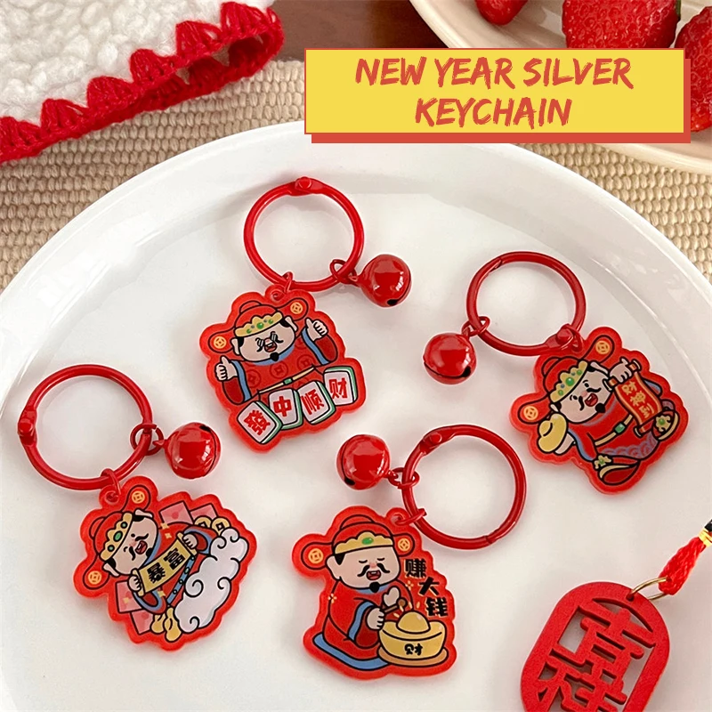 

2024 New Year God Of Wealth Keychain Cartoon Acrylic Bell Pendant Get Rich Keyring Backpack Charms Car Bag Decor New Year Gift