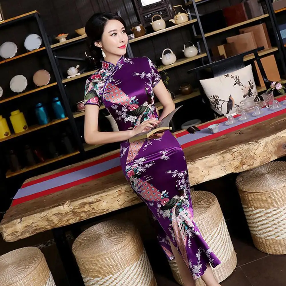 Chinese Style Qipao Satin Cheongsam Floral Embroidery Classic Wedding Evening Party Dress High Split Silky Plant Lady Dress chinese dress