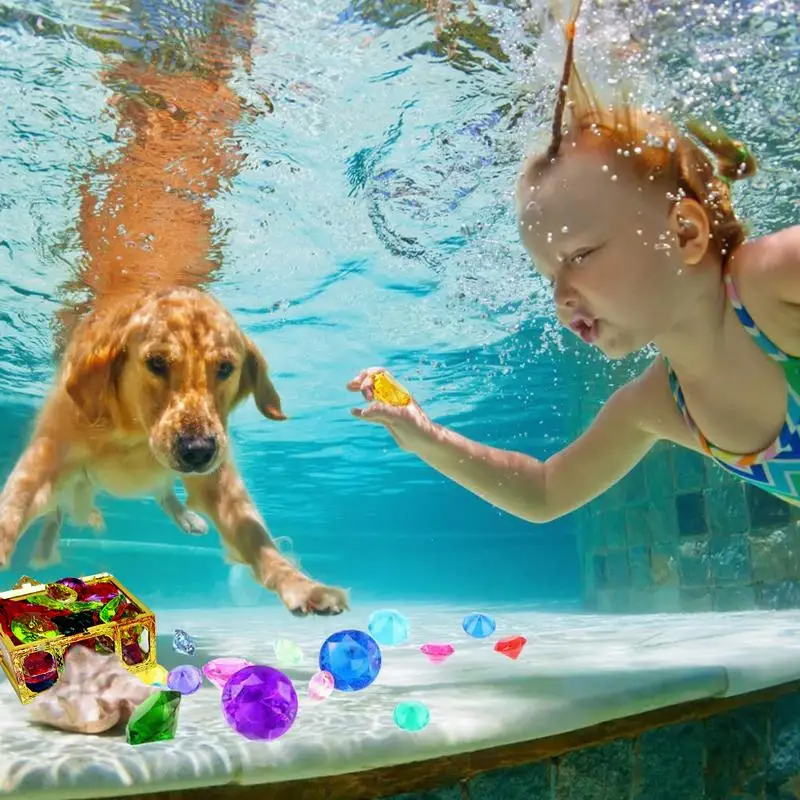 Pool Diving Gems Toys Colorful Diamonds Set With Big Treasure Chests Box Underwater Gems Dive Throw Toy Training Set For Summer treasure hunt toys