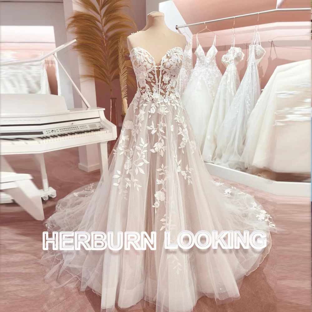 HERBURN Fancy Tulle Wedding Gown for Bride Lace Appliques Sweetheart Illusion Zipper Backless Vestido de Casamento Customized