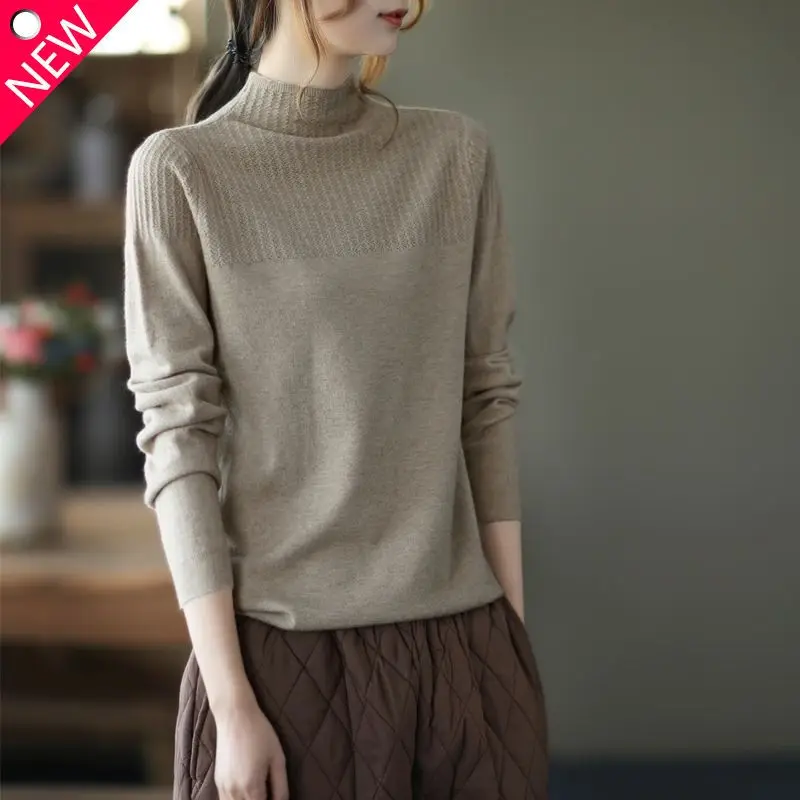 2023 Autumn and Winter New Oversize Versatile Temperament Women's Clothing Half High Collar Long Sleeve Solid Color Pullover