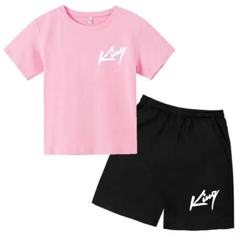 thumbnail image 1 of Conjunto de 2 piezas de camiseta y pantalones cortos informales con estampado de letras para niños y adolescentes a la moda para verano, 1 of 5