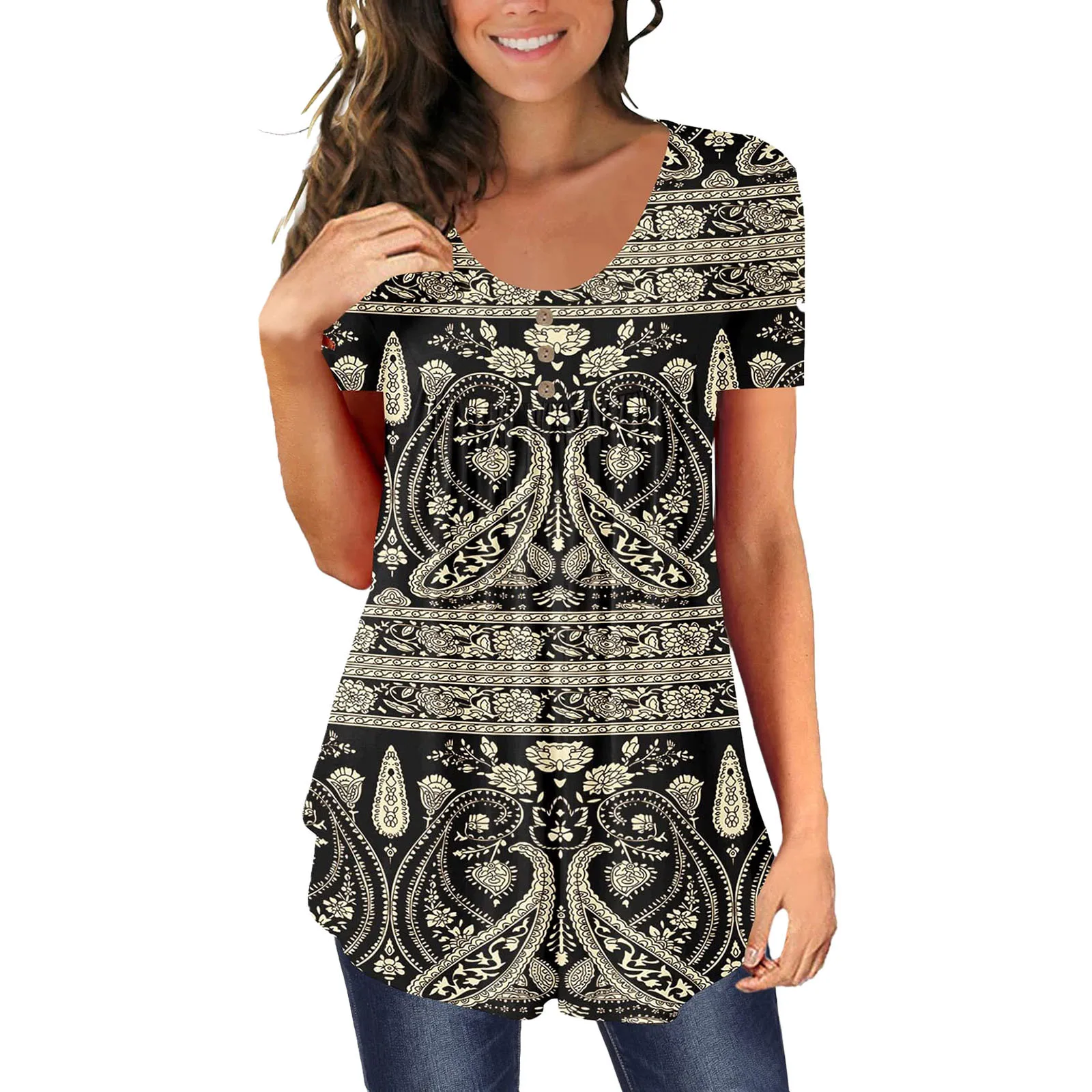 

Women Summer Casual Tops Short Sleeves Tunic Button Print Series Tee Shirts
