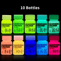 Glow In The Dark Fluorescent Acrylic Paint Set - 10 Vibrant Colors for DIY Art and Hand - Painted Graffiti Projects (10 Bottles Full Set)