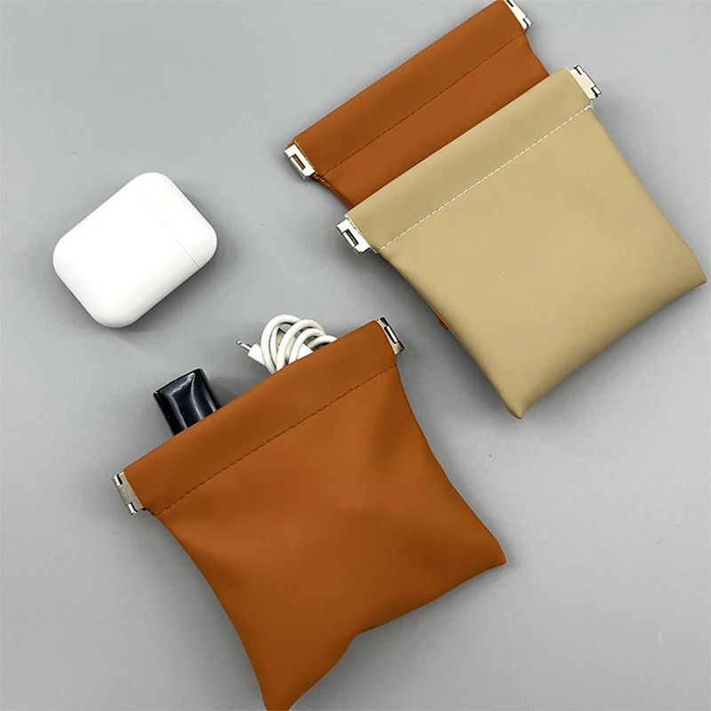 

Fashion Compact PU Leather Automatic Closing Spring Clip Earphone Data Cable Storage Bag Women's Lipstick Cosmetics Pocket