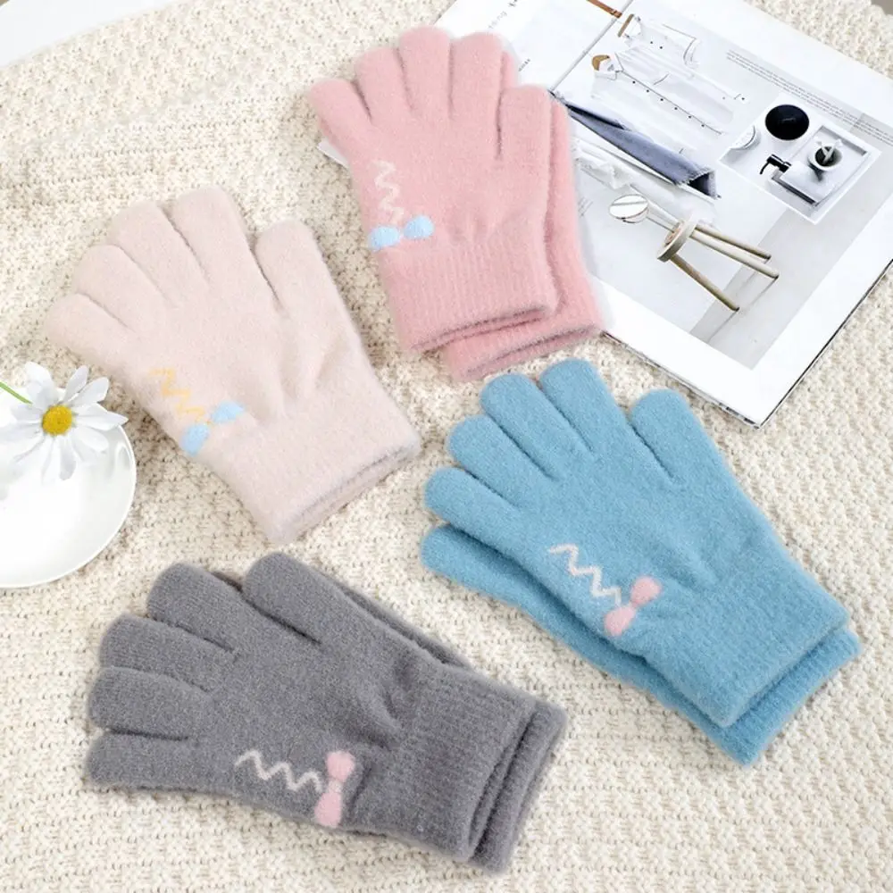

Nylon Cute Warm Gloves Autumn Thicken Full Finger Touch Screen Gloves Solid Color Windproof Knitted Mittens Outdoor