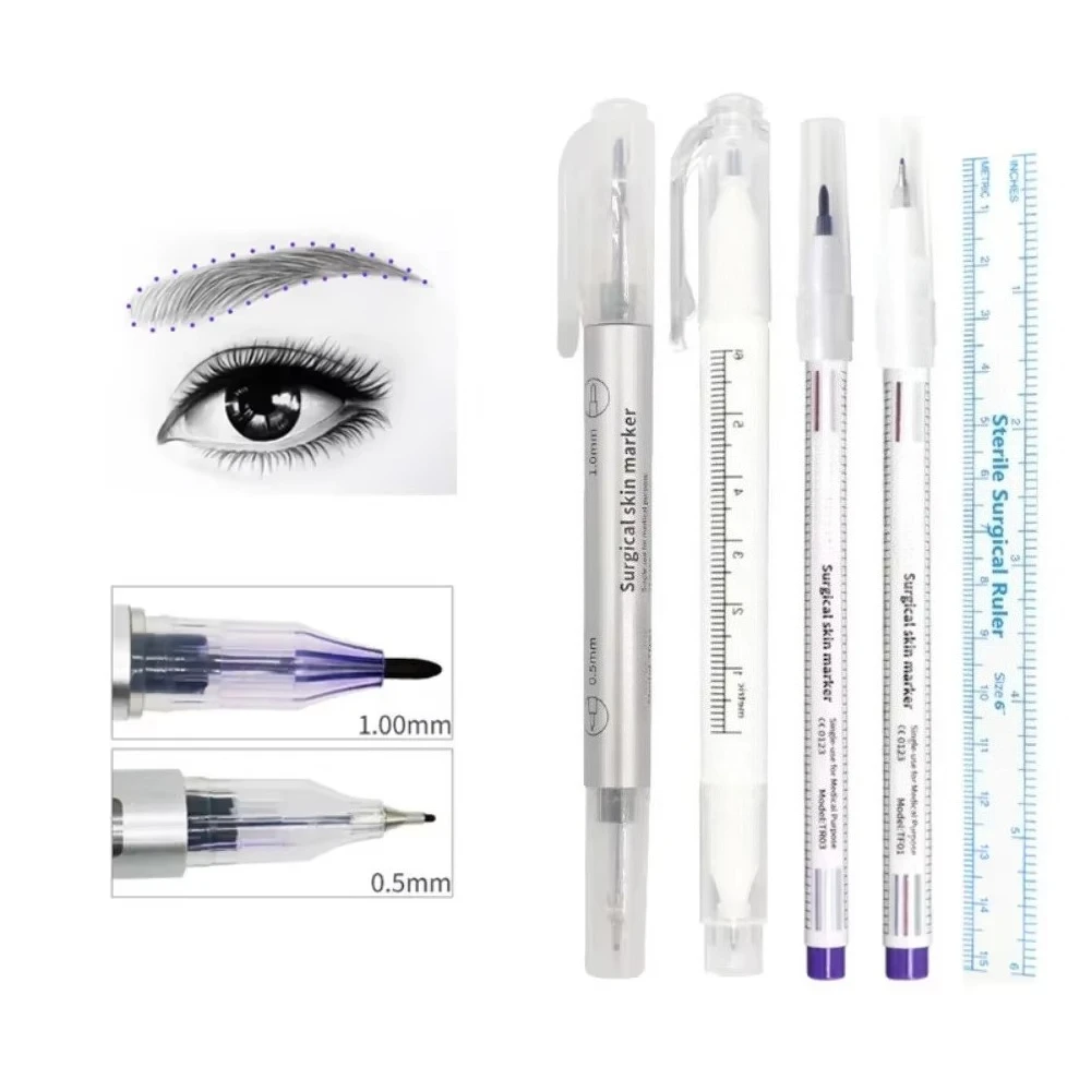 Tattoo Marker Pen 1Set Sterilized Tattoo Marker Pen Surgical Skin Microblading Positioning Tool with Measuring Ruler Permanent Makeup Accessories