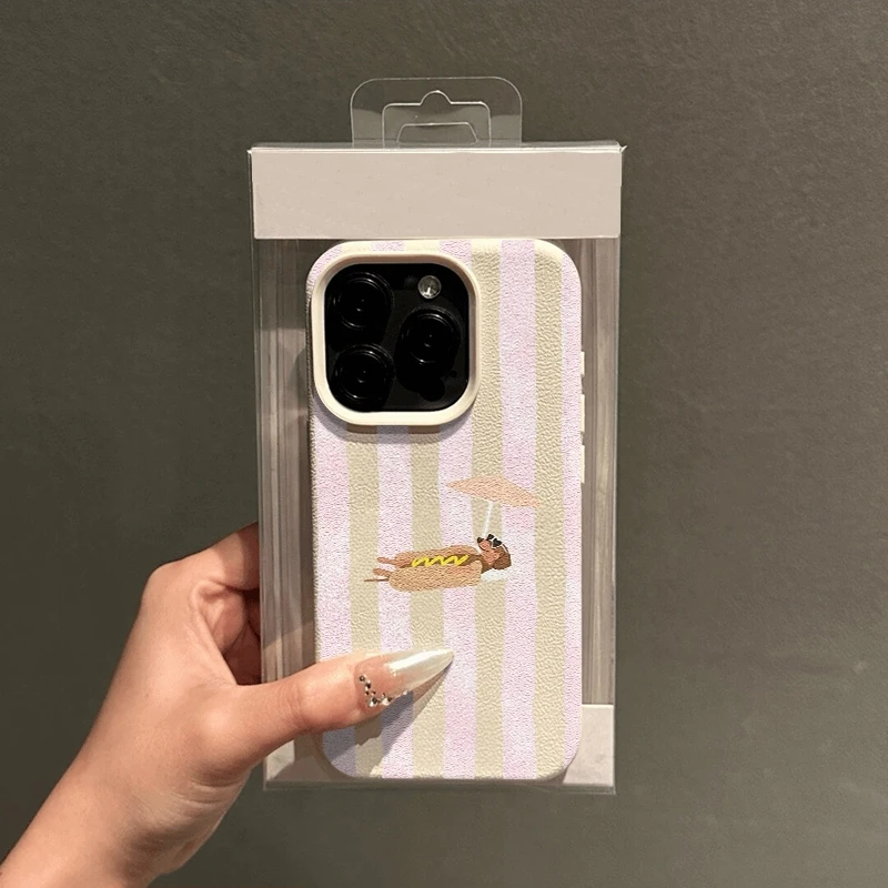 Pink Striped Dog Pattern Phone Case with Bumper Cover Design