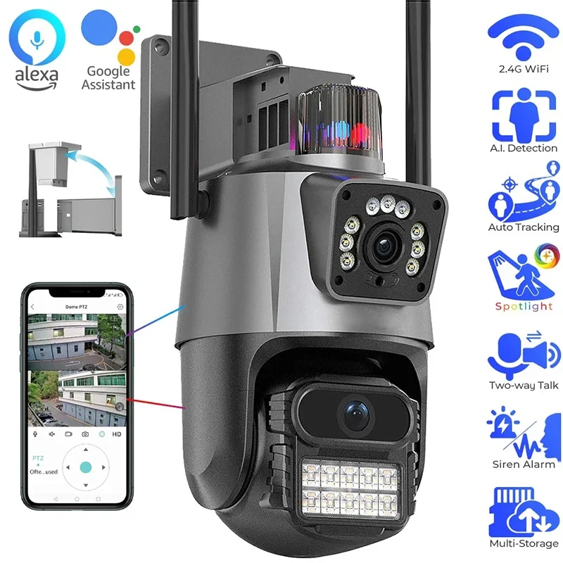 WiFi Camera Outdoor Wireless 6K 8MP ICSee Smart Three Lens 8X Zoom PTZ Video Surveillance IP Camera CCTV Auto Tracking