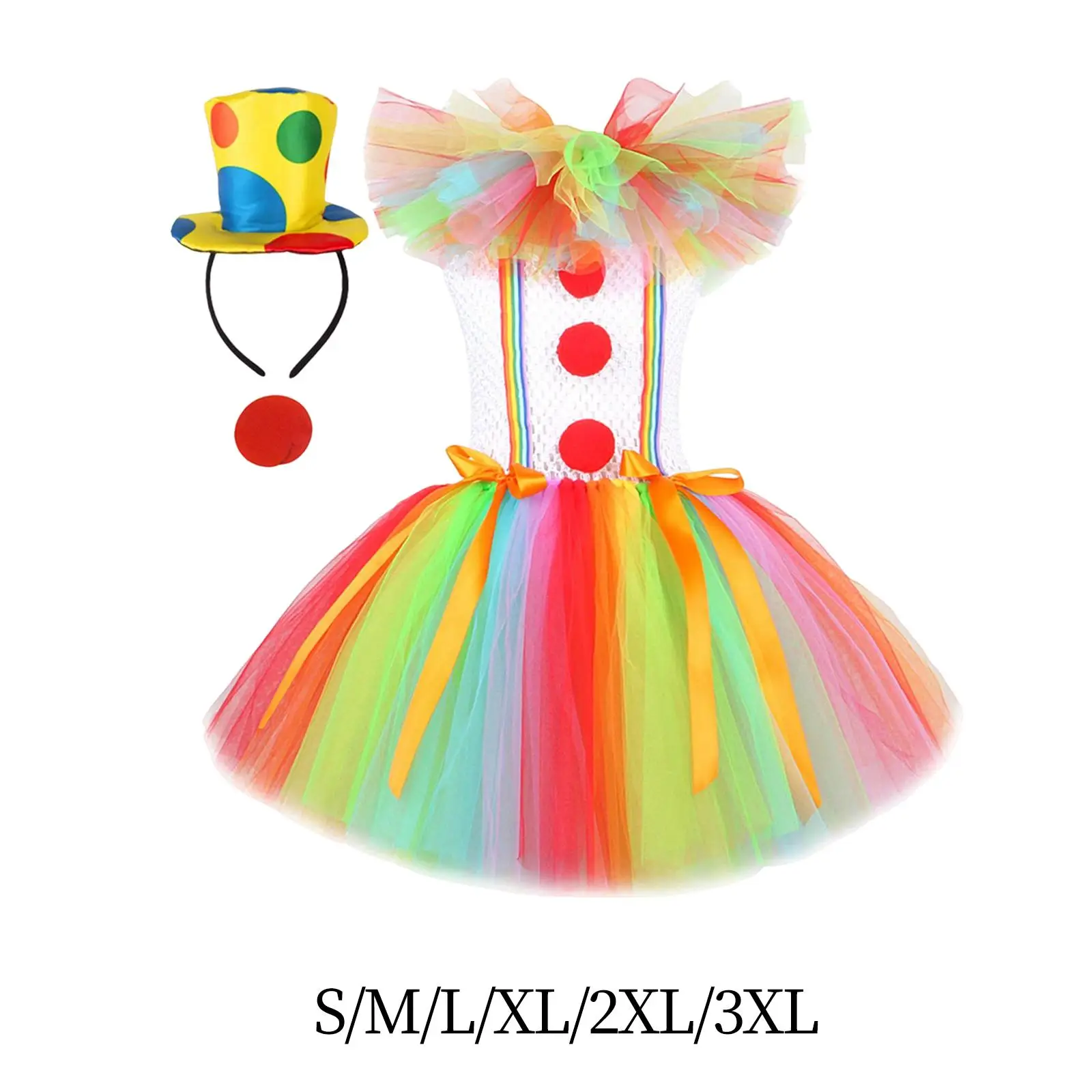 

Child Girl Clown Costume Mesh Tutu Dress Outfits with Hat Hair Hoop Performance Clothes for Halloween Comfortable Handmade