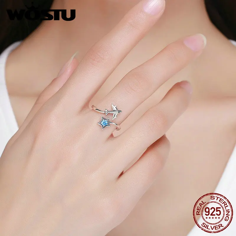 WOSTU 100% 진짜 먼 반지, 여성용 파티 쥬얼리 선물, 클리어 CZ 조정 가능한 반지 CQR623