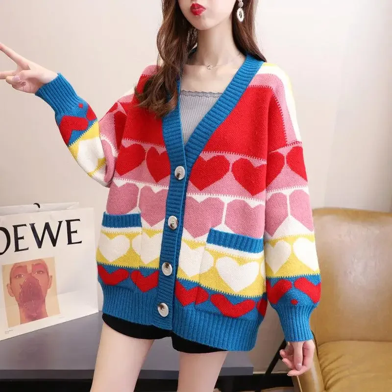 

Women Heart Knitted Cardigan Single Breasted V-Neck Long Sleeve one size cardigan Autumn Outwear Sweater Coat korean fashion
