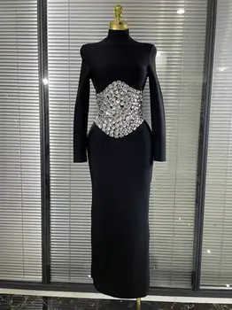 Sparkly Crystals Women Long Sleeve Sexy Bodycon Long Bandage Dress Evening Party Elegant Red Carpet Birthday Fashion Outfit 1