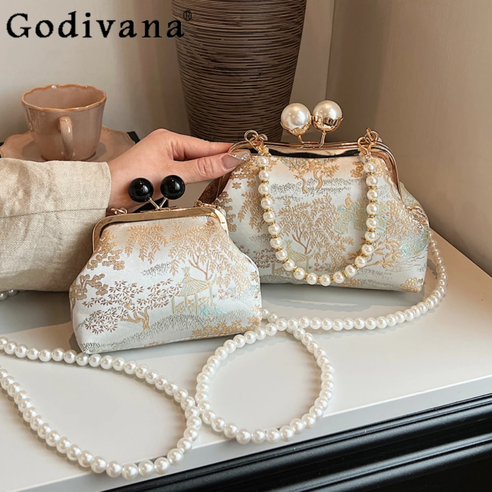 Fashion Embroidery Summer Handbag Pearl Chain Crossbody Shoulder Bag Banquet Sweet Cute Tote Bag