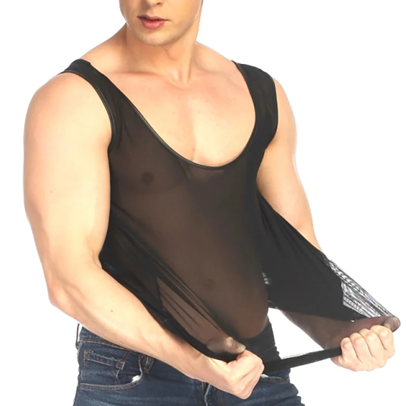 

Mesh Undershirts Men Tank Tops See Though PU Leather Patchwork Shirts Sheer Sleeveless T-shirts Thin Fitness Nightwear Vest 2XL