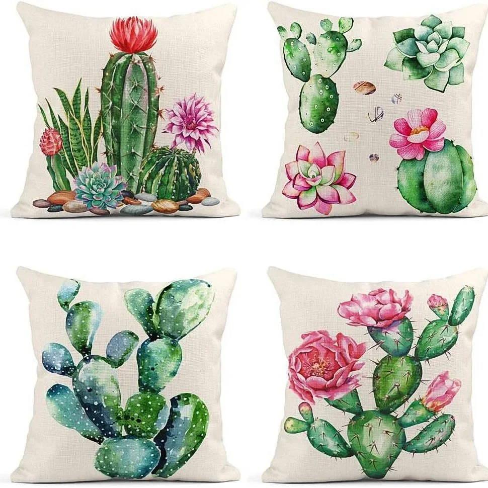 

Set of 4 Throw Pillow Covers 45x45CM Linen Watercolor Cactus Succulents Plants Cushion Cover for Couch Bed Sofa Car Decoration