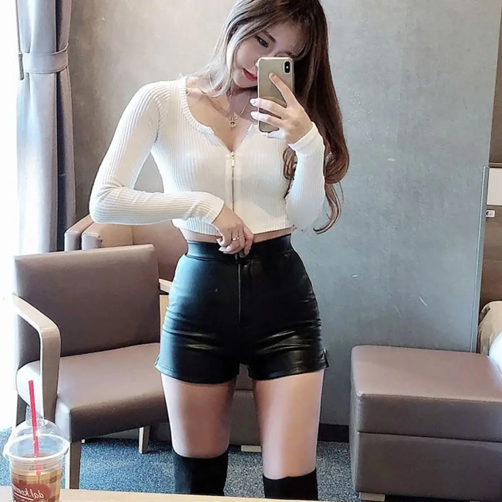 Invisible Open Crotch Outdoor Sex Women's Mini Shorts Leather Pants High Waist Push Up Leather Pants Elastic Tight Sexy HotPants
