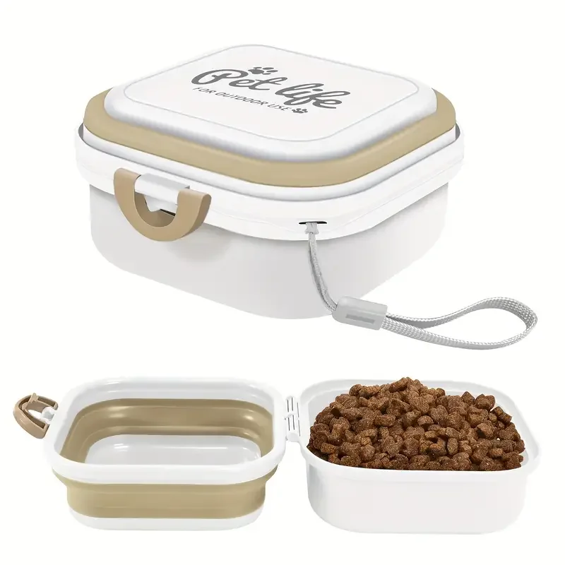 2 in 1 portable dog bowl for travel camping hiking durable pp material leak proof lid ergonomic handles white beige design food water feeder for dogs hiking essentials ergonomic pet bowl leakproof container hiking accessories details 0