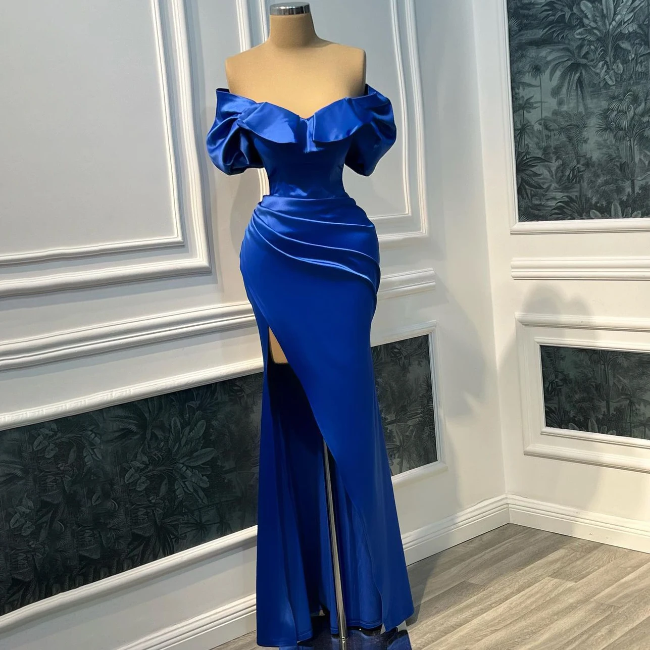 

Elegant Blue Mermaid Evening Dresses Ruched Off Shoulder Satin Pleats Celebrity Dress Sexy High Side Slit Bride Party Gowns 2023