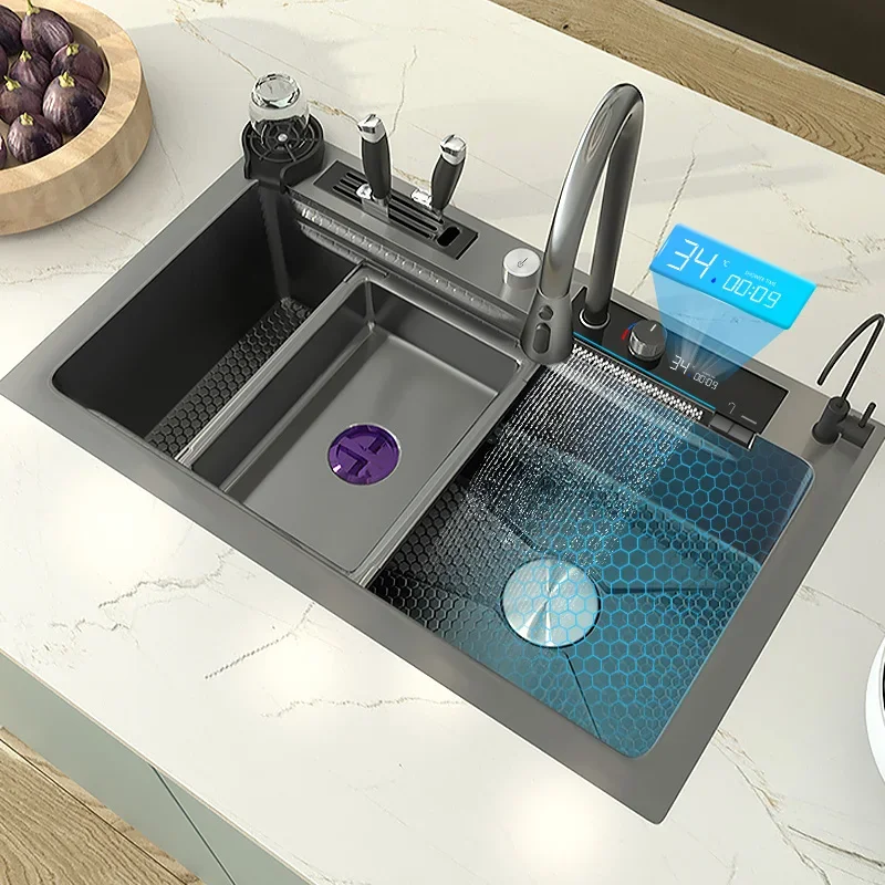 

Digital Display Waterfall Kitchen Sink Large Single Slot Nano Stainless Steel Sink Undercounter Honeycomb Embossed Washbasin