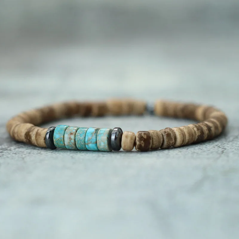 Coconut Bead Unisex Bracelet with Natural Wooden Stone