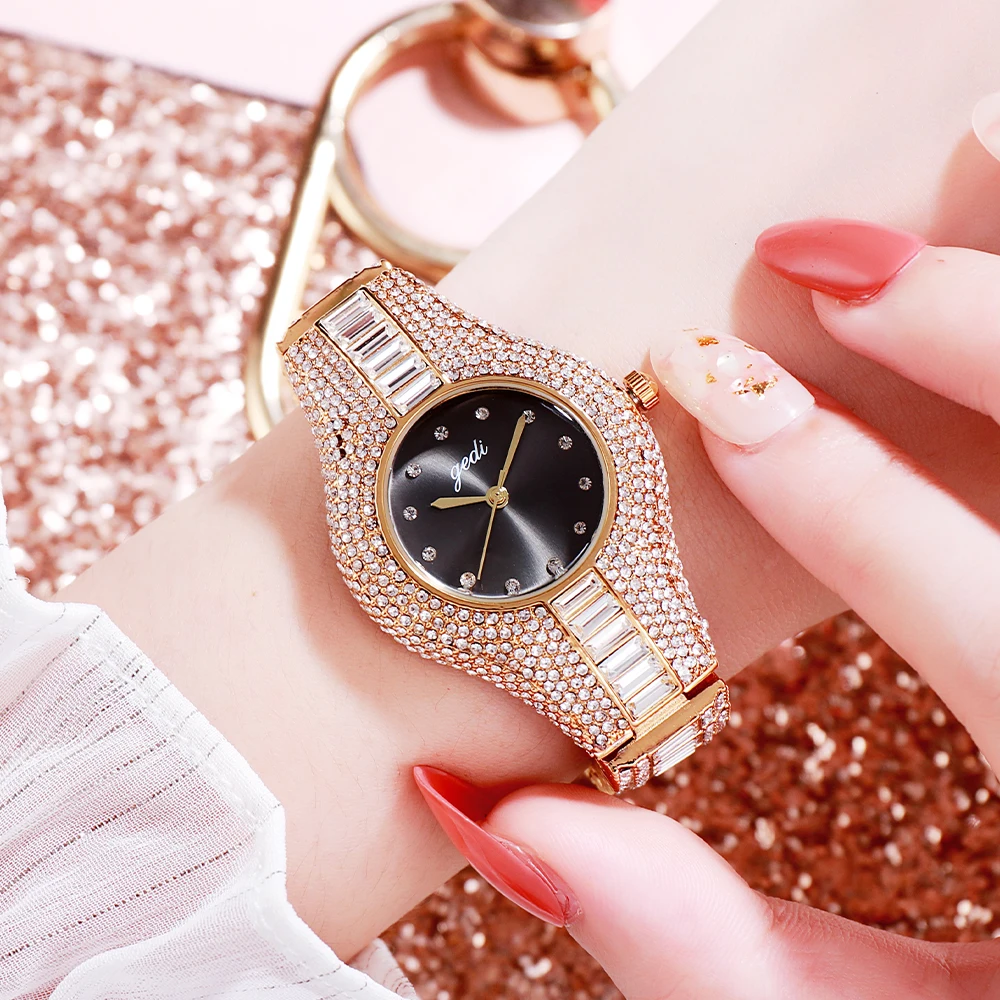 Luxury Elegant Stainless Steel Women Quartz Watches Bling Crystal Diamond 30M Water Resistance Rose Gold Ladies Wristwatch Clock