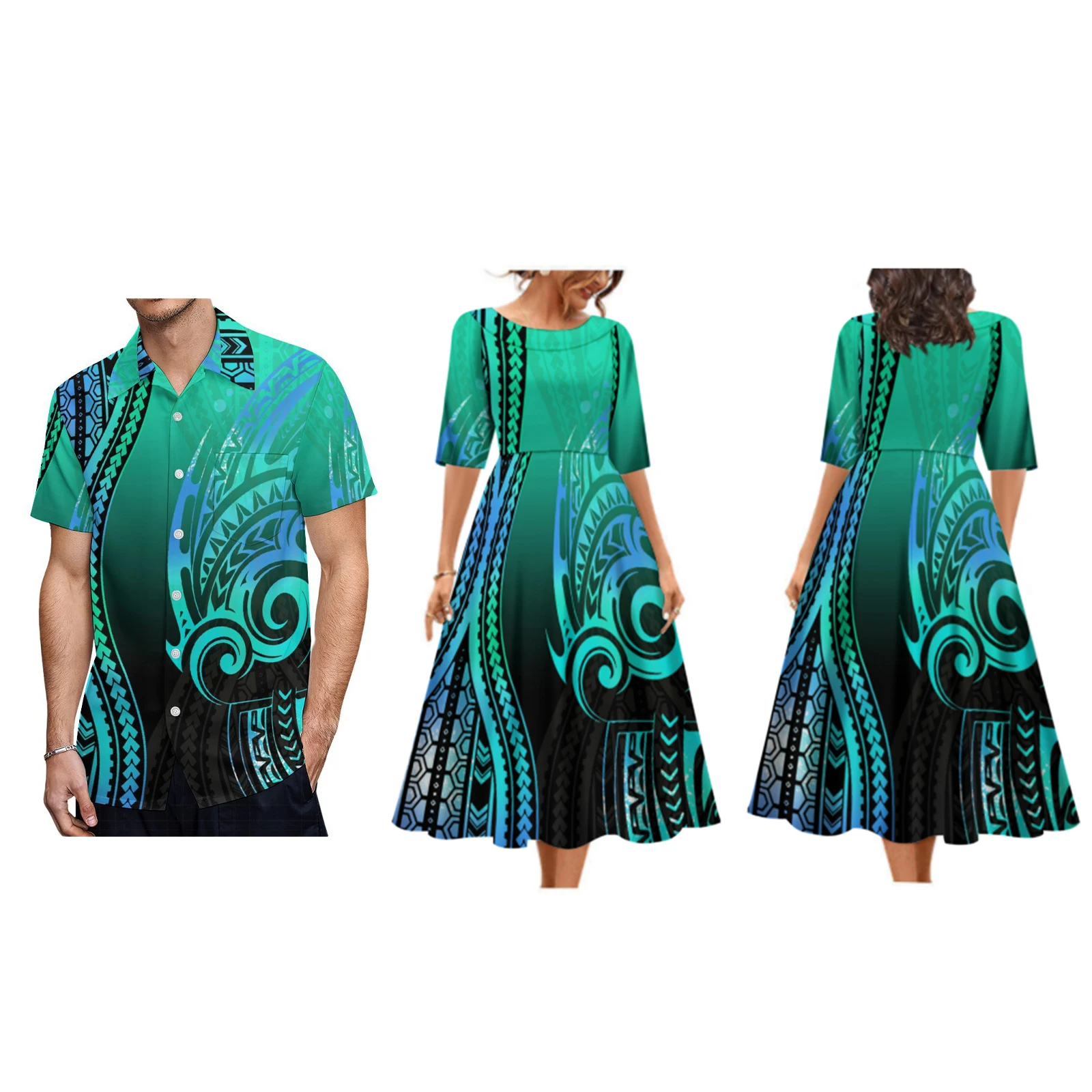 

Drop Shipping Tapa Polynesian Tribal Printed Fit And Flare Dress Pacific Island Design Big Size Crew Neck Pleated Ladies Dresses