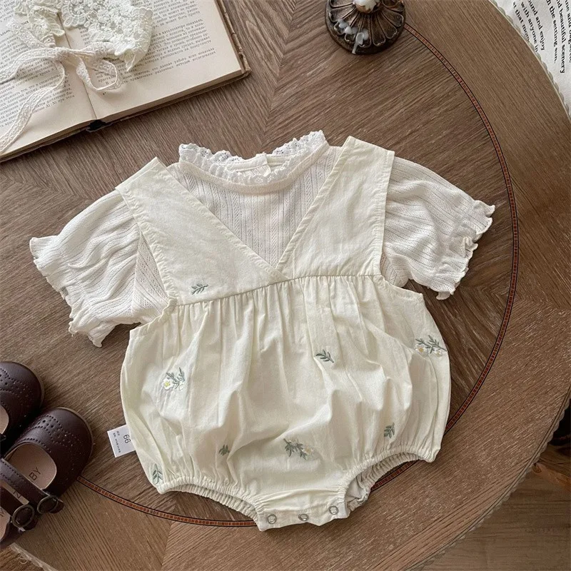 

2023 Summer New Baby Embroidered Tank Top + Romper 2 Pieces Suit Girls Bubble Short Sleeve Underlay Shirt Bodysuit Kids Jumpsuit