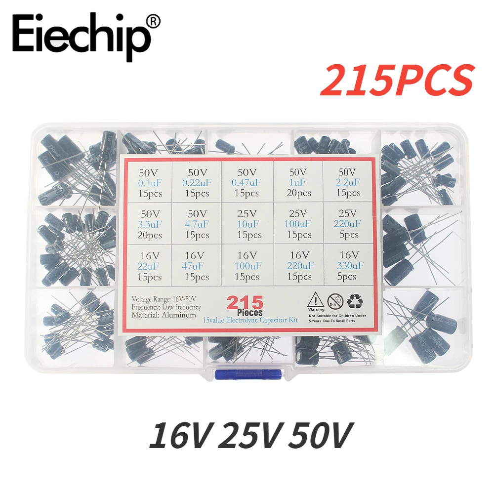 

215 шт., набор электролитических конденсаторов 16 В/25 В/50 В, 1 мкф 2,2 мкФ 3,3 мкФ 10 мкФ 4,7 мкФ