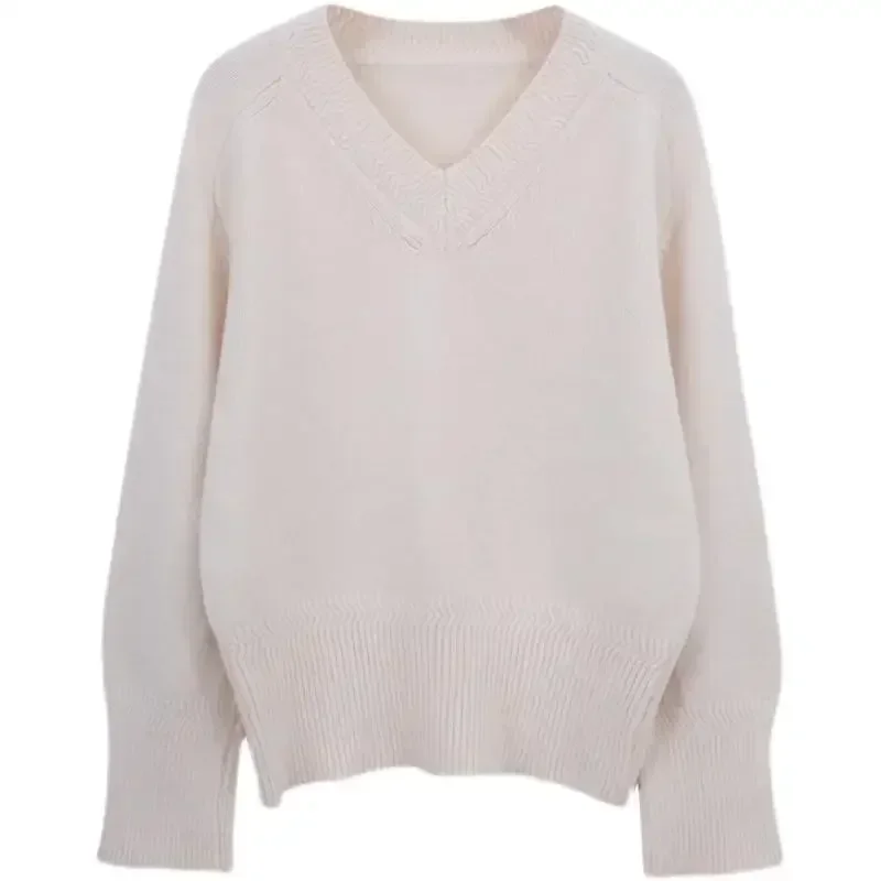 FA679 2024 New Women's V-neck Sweater Lazy Style Retro Premium Knitted Sweater Top 5