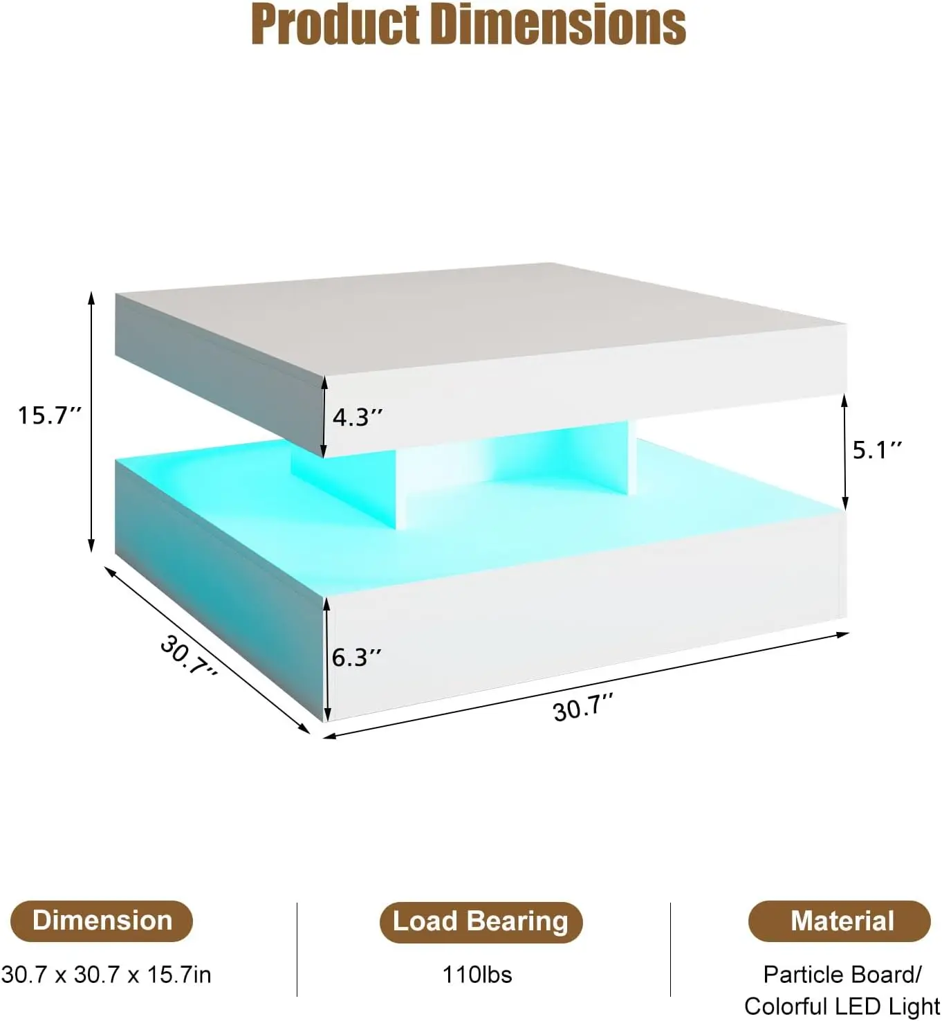 White LED Coffee Table with Storage for Living Room Modern Smart Tall Square Center Table 2 Tier Display Shelf 20 Colors 2