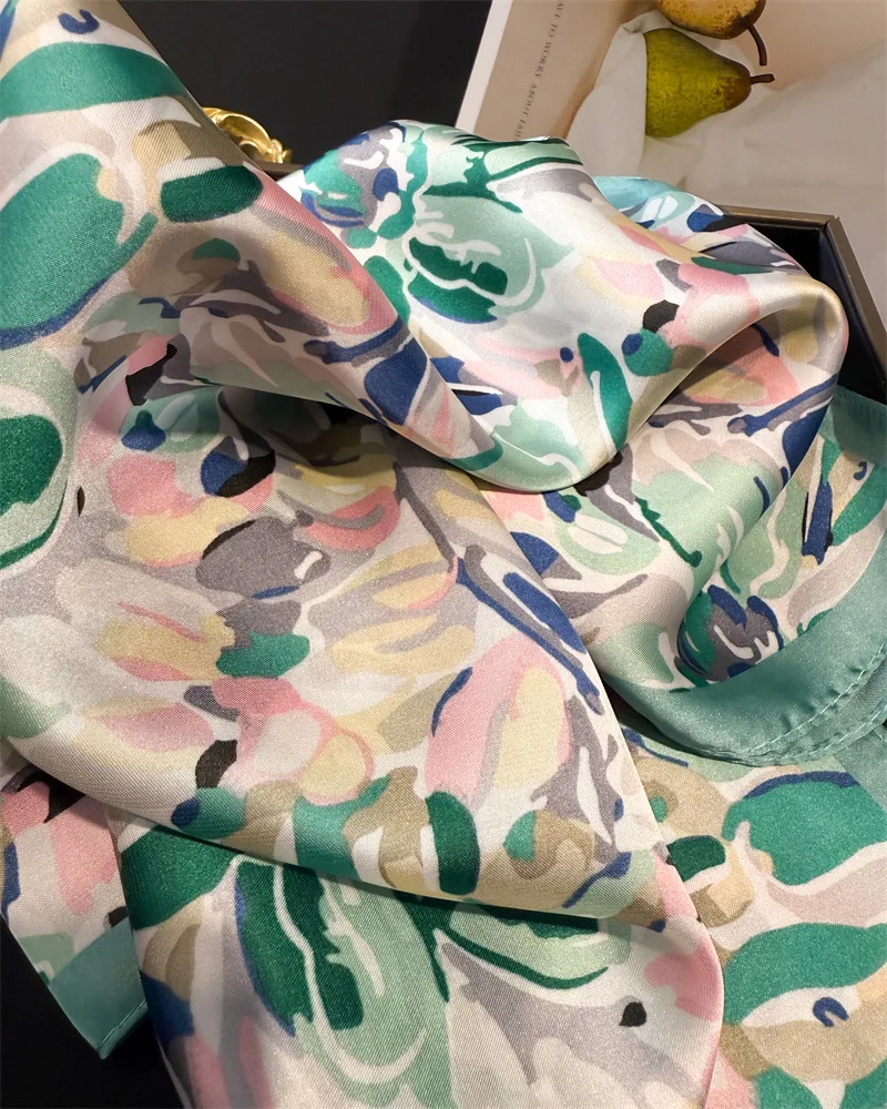 70*70cm Design Druck Schal Frauen Silk Schals Bandana Hijab Halstuch Schal Kopftuch Haarband Foulard Luxus – Detail 8