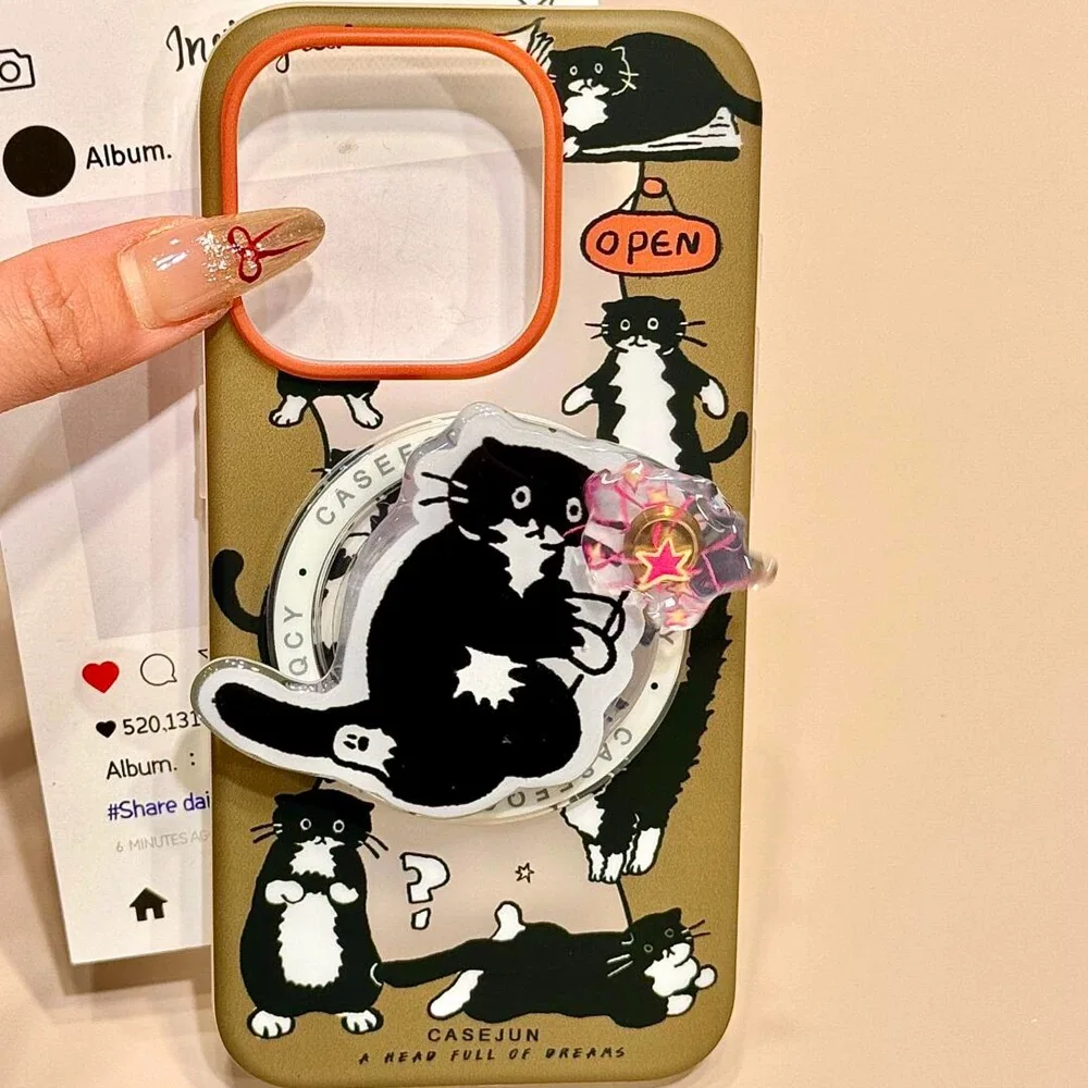 Magnetic Black Cat Phone Case with Rotating Magnetic Bracket