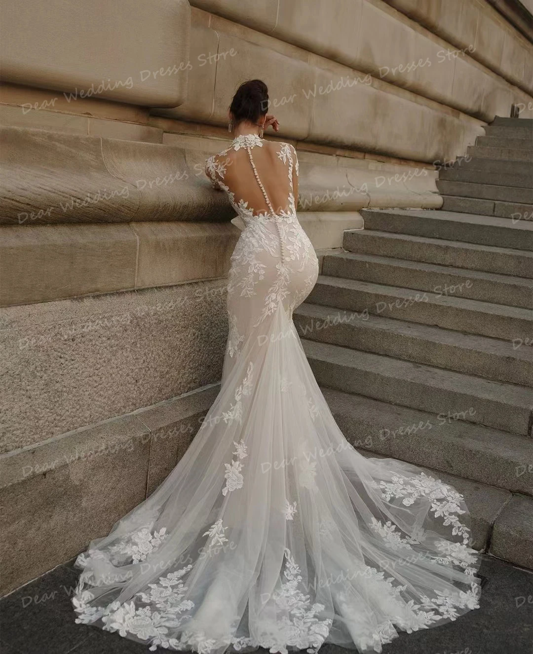 Luxury Mermaid Wedding Dresses Women's Sexy High Neck Appliques Long Sleeve Bridal Gowns Sweep Train Formal Vestidos Customized 2