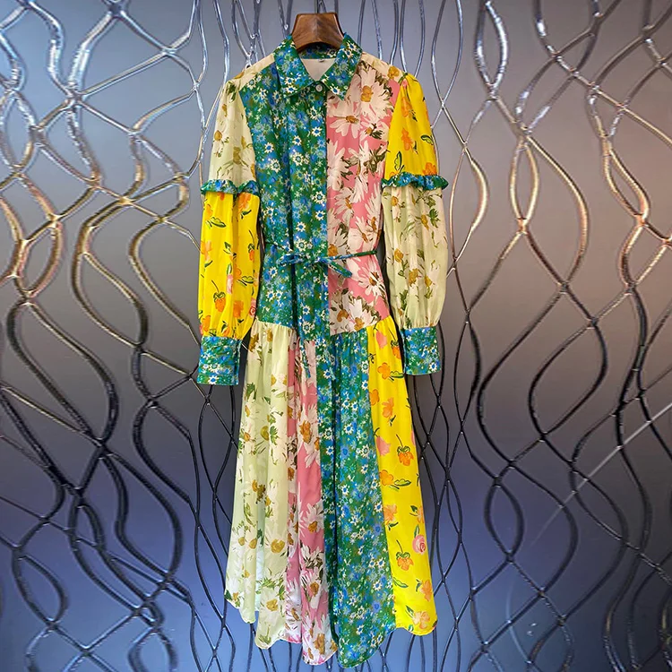 

2023 Spring Fashion Long Dress High Quality Women Turn-down Collar Charming Floral Prints Belt Deco Long Sleeve Beach Dress Boho