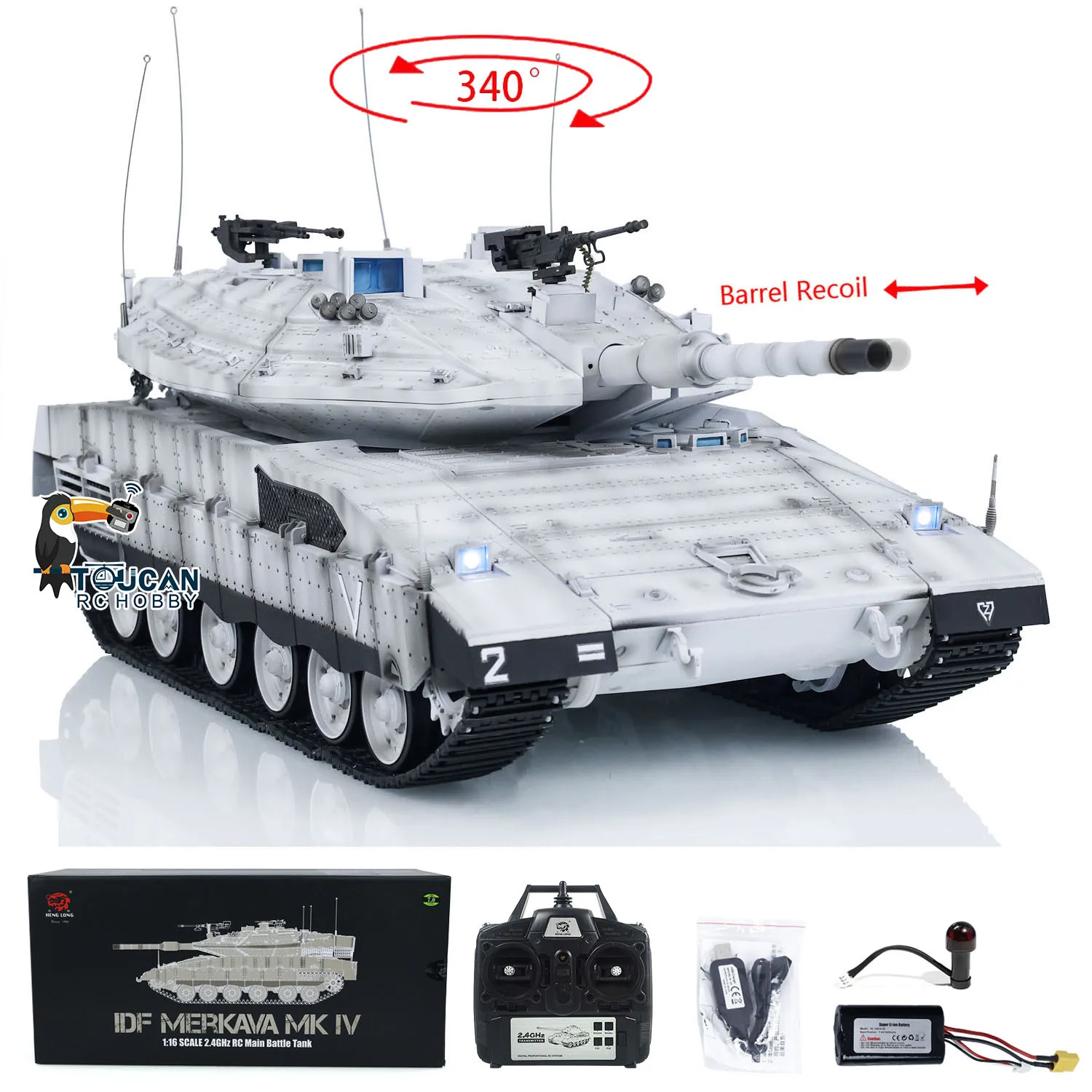 1/16 Heng Long Military RC White Tank Plastic IDF Merkava MK IV 3958 Turret 360° Rotary Barrel Recoil Panzer Model Toys TH23437 3