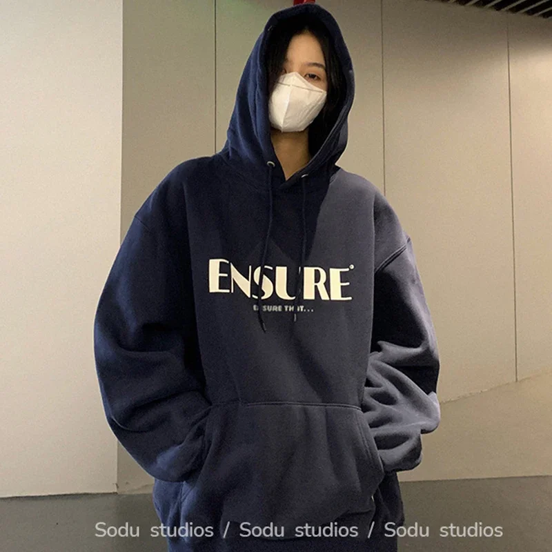 

Korean Fashion Fleece Lined Hoodie Women Letter Print Autumn 2023 New Loose Kangaroo Pocket Hooded Sweatshirt Streetwear Hoodies